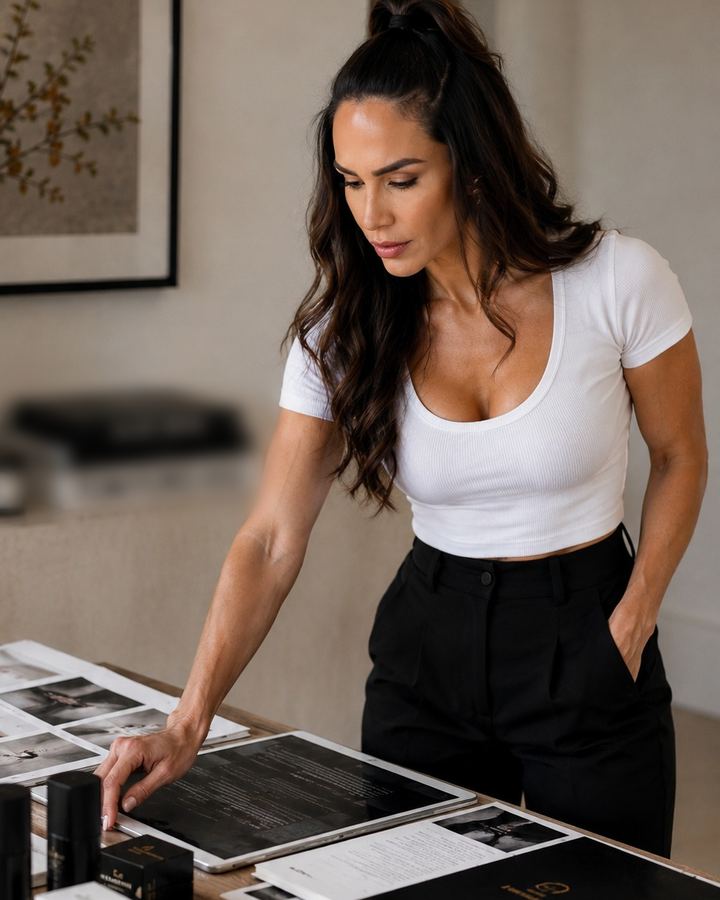 Lorena Vera reviewing printed brand materials at a table